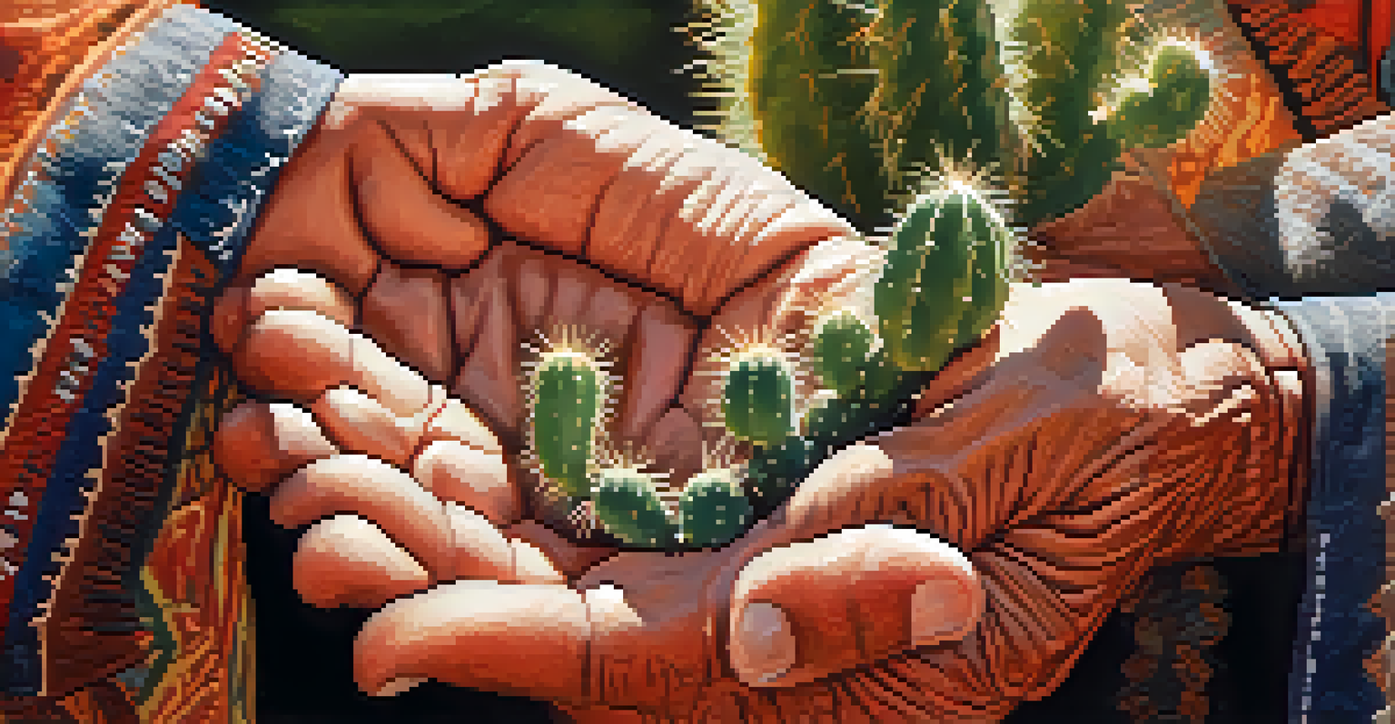 Close-up of an elder passing a Peyote cactus to a younger person, with traditional artifacts in the background.