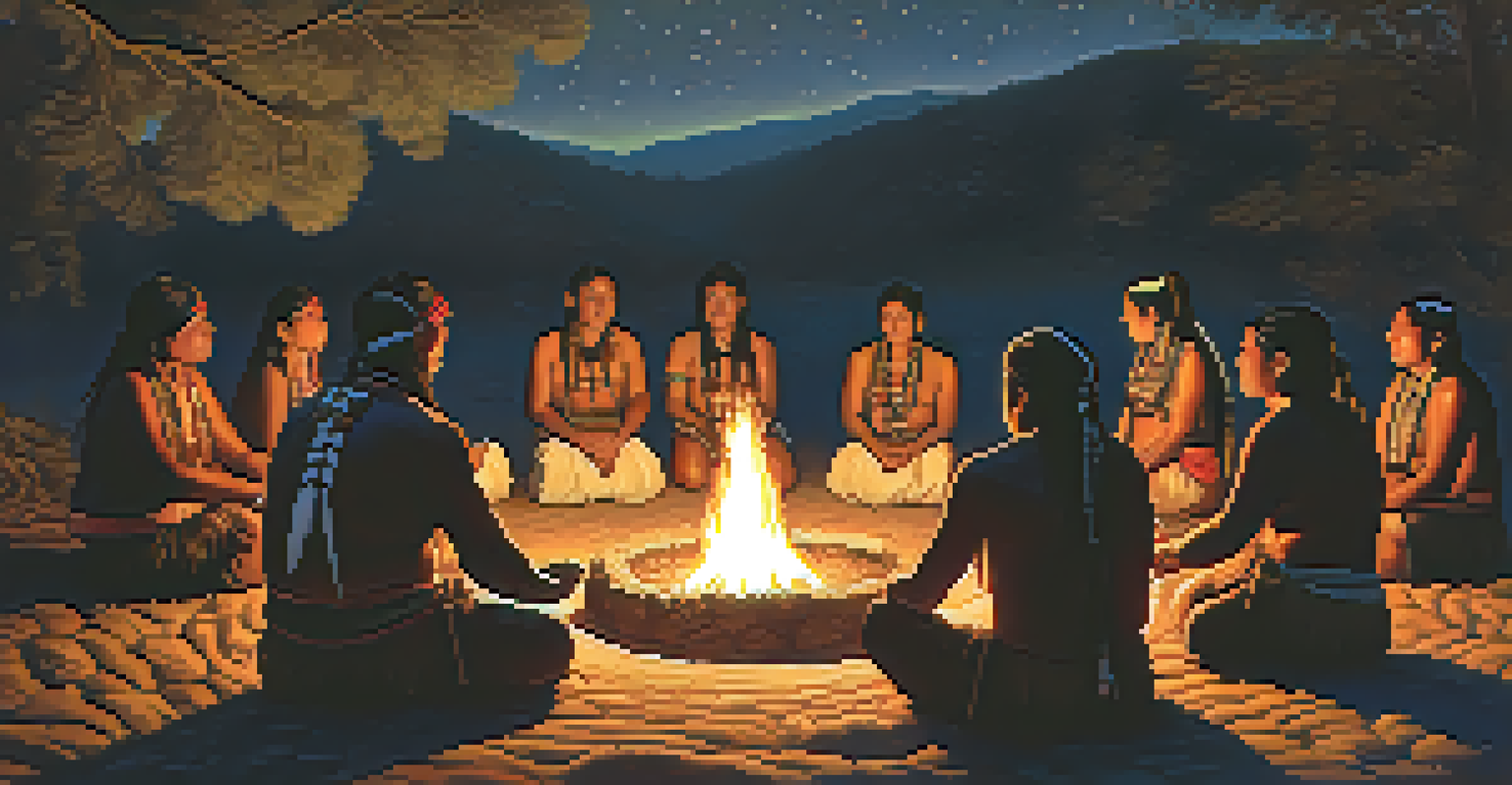 Participants in a traditional Indigenous ceremony seated around a fire under a starry sky.