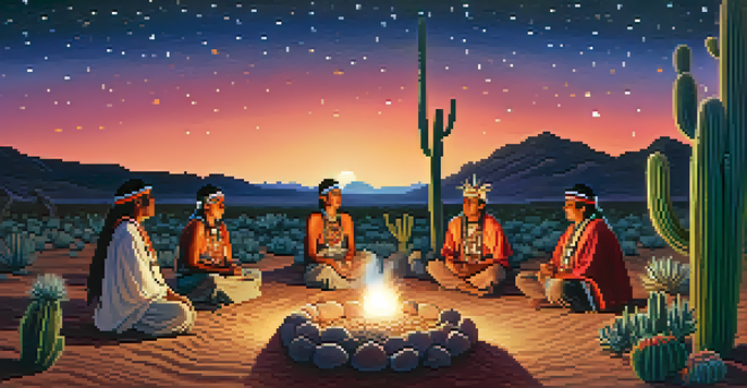 A peaceful scene of a peyote ceremony with Indigenous participants in traditional clothing around a fire, set against a starry night sky.