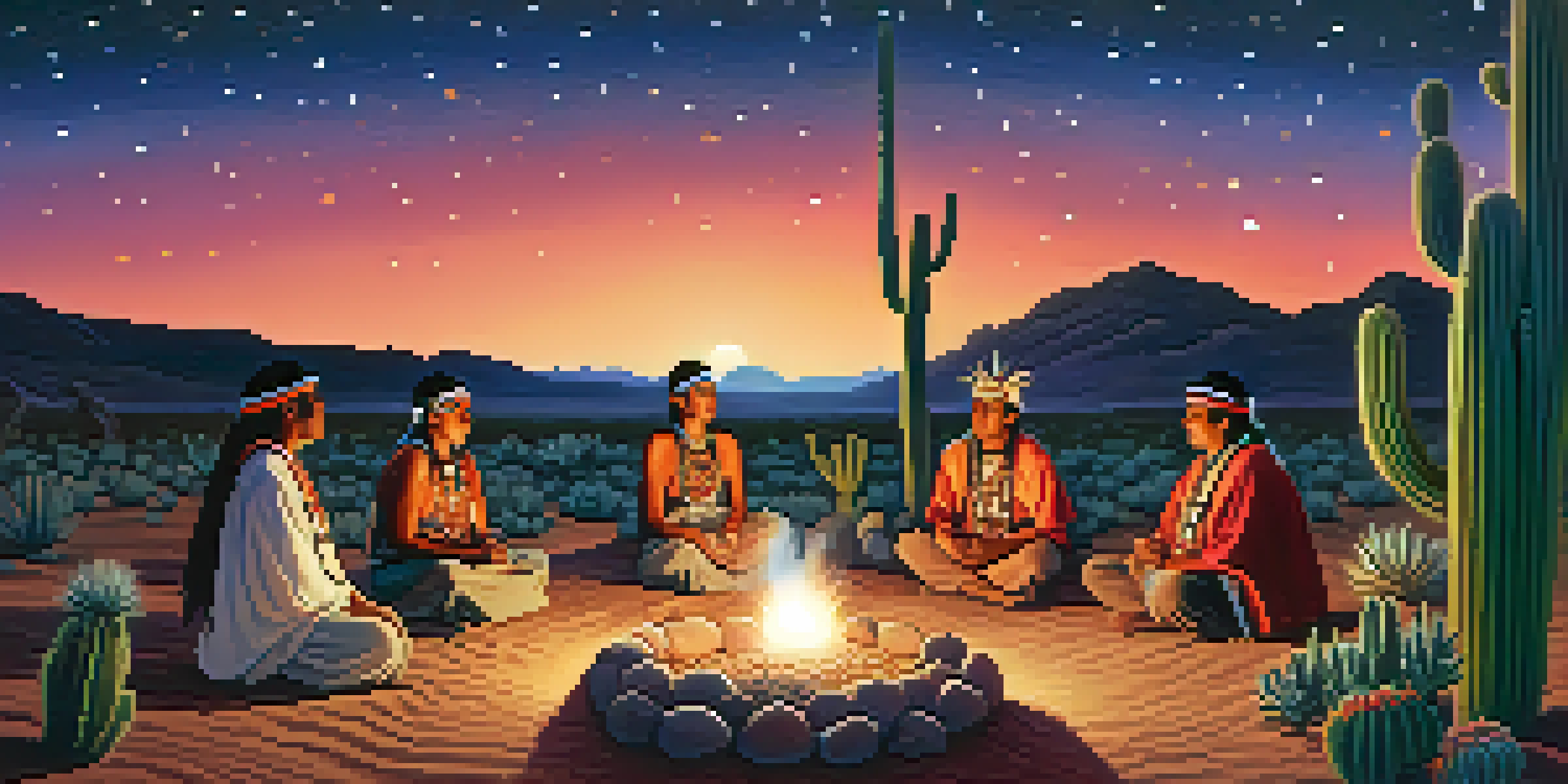 A peaceful scene of a peyote ceremony with Indigenous participants in traditional clothing around a fire, set against a starry night sky.