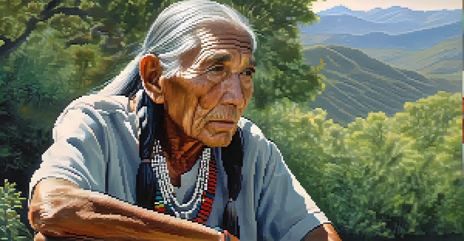 An elderly Native American elder sharing wisdom in nature, with a serene expression and a lush green backdrop.