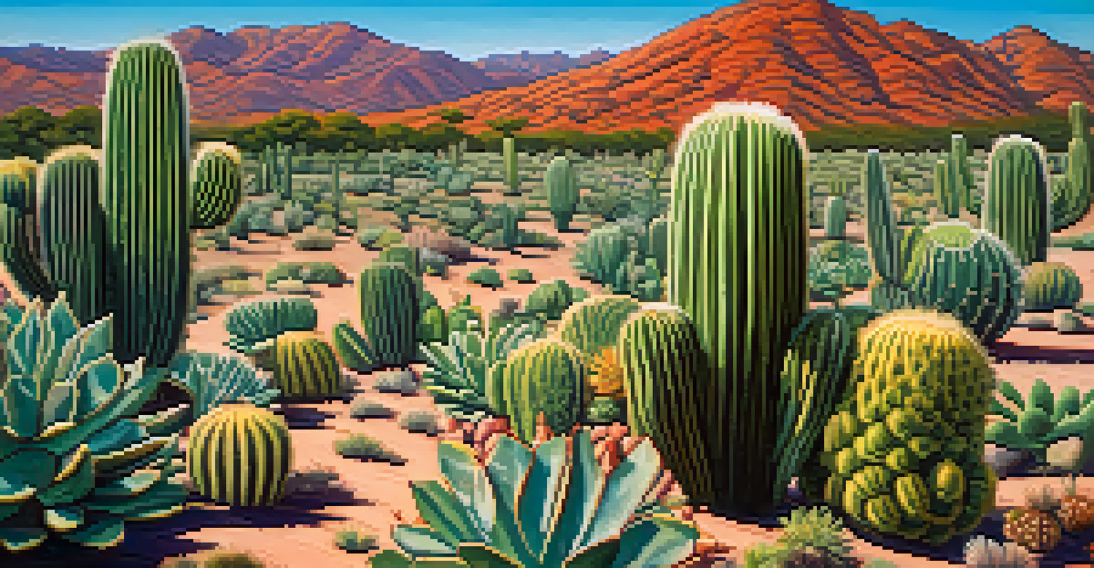 A scenic view of a protected peyote reserve with clusters of cacti under a clear blue sky.