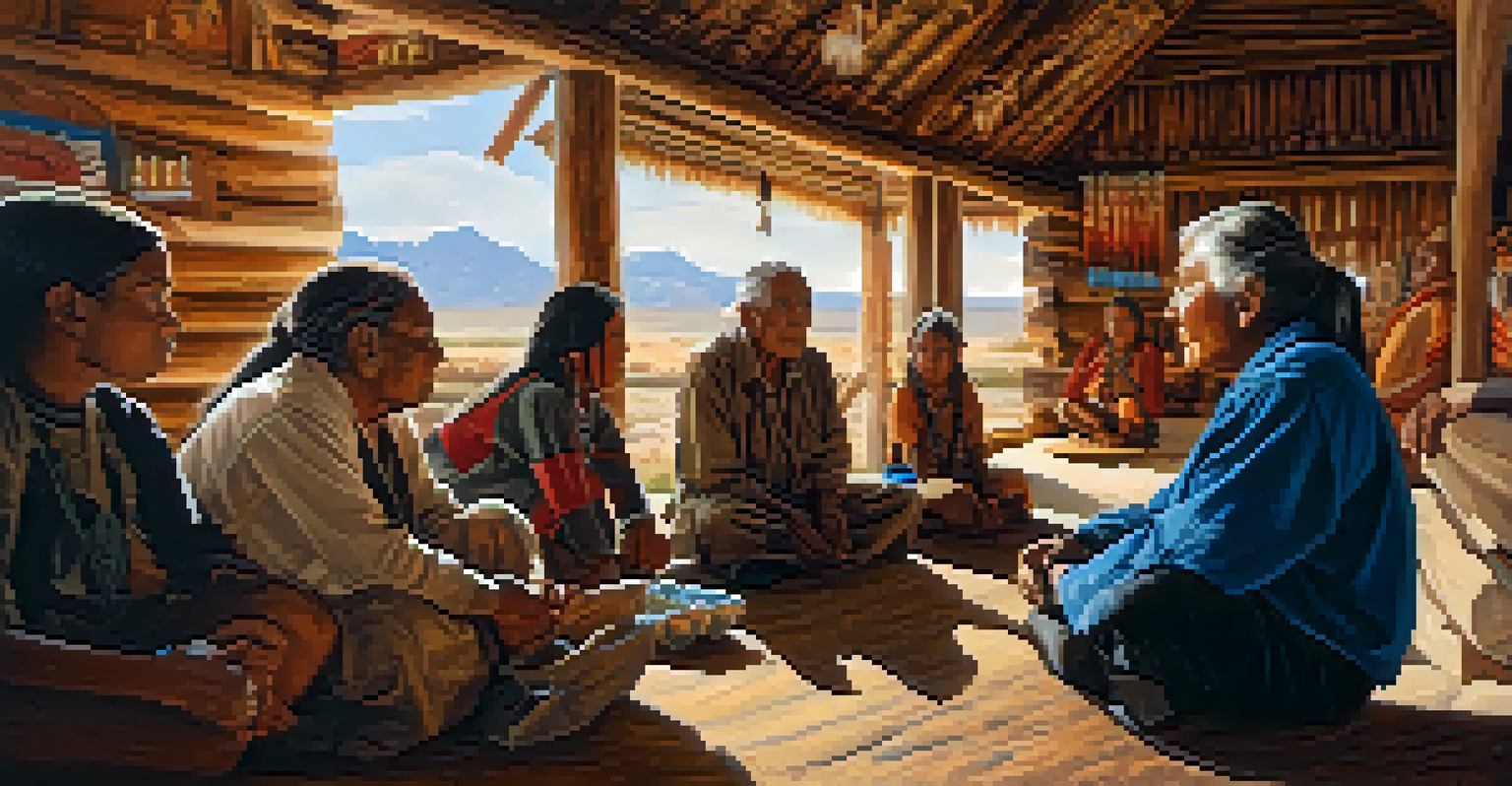 An elder narrating stories to youth during a Peyote ceremony inside a rustic wooden lodge, illuminated by soft natural light.