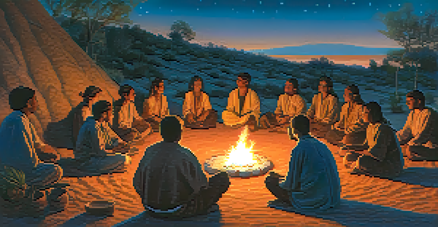 Participants sitting in a circle around a fire during a Peyote ceremony at dusk, with warm light illuminating their faces.