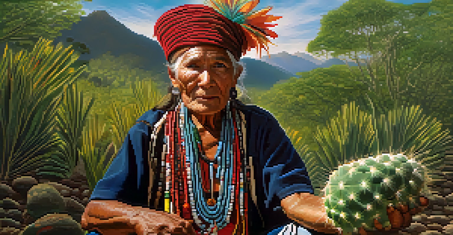 An elderly indigenous shaman holding a peyote cactus, exuding wisdom and serenity in a natural setting.