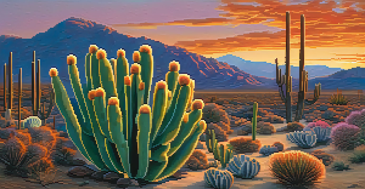 A peyote cactus in a desert landscape at sunset with colorful skies and detailed textures.