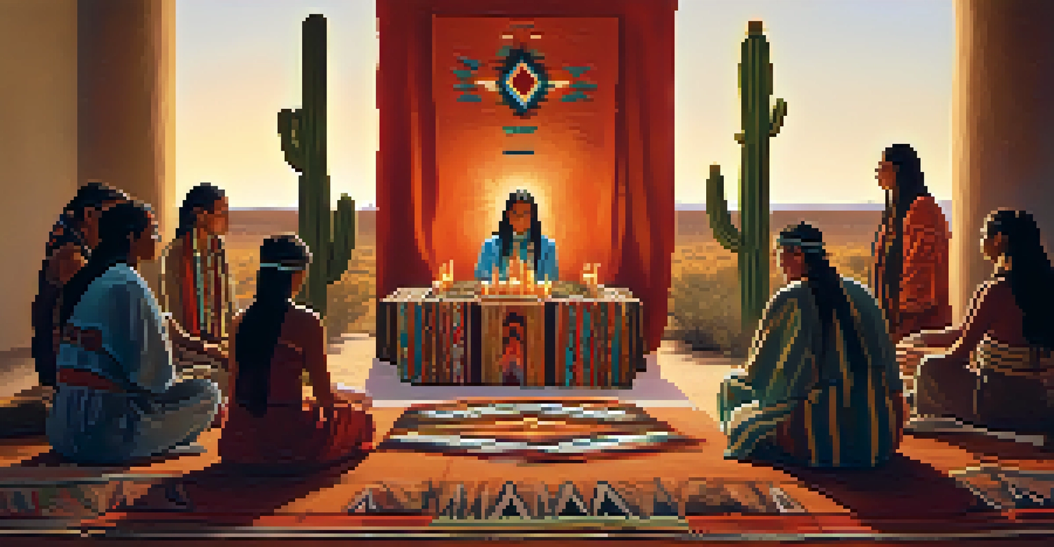 A Native American ceremony with people gathered around a peyote cactus altar in candlelight.