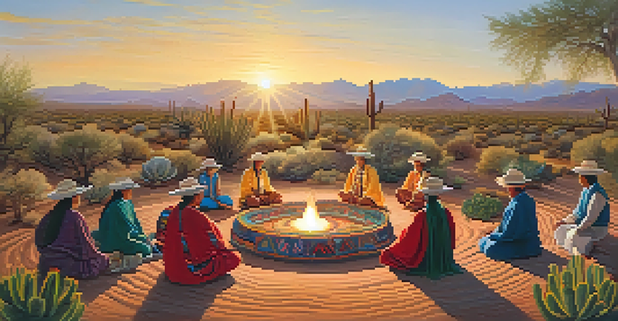A peaceful gathering of people in a desert during a peyote ceremony, with an elder sharing stories surrounded by blooming cacti.