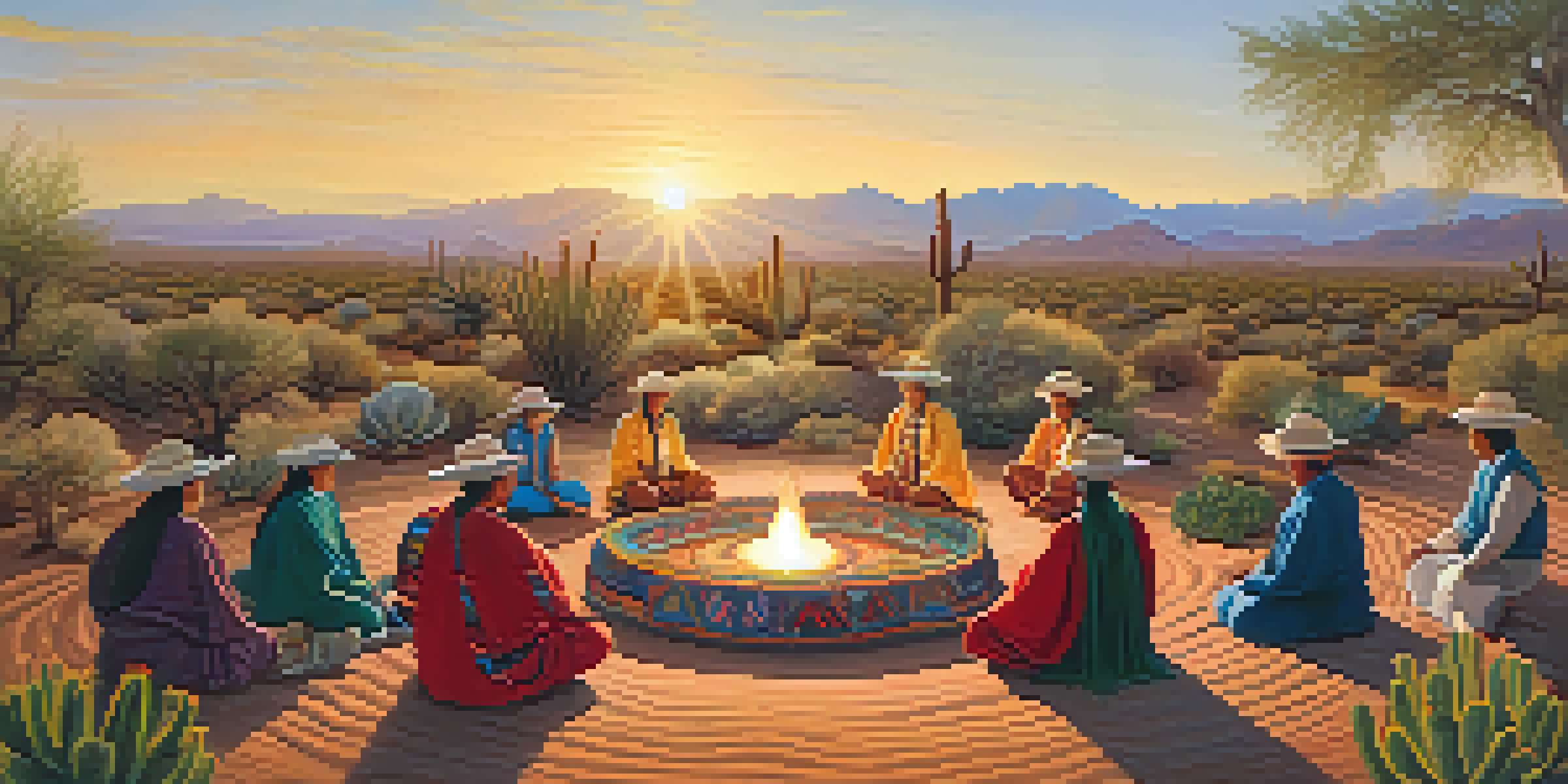 A peaceful gathering of people in a desert during a peyote ceremony, with an elder sharing stories surrounded by blooming cacti.
