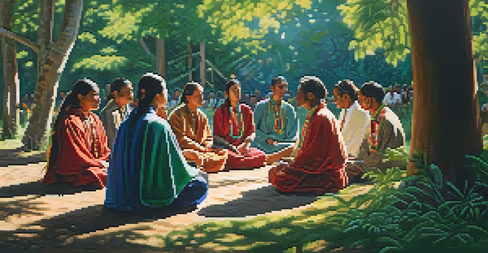 A group of people in traditional clothing seated in a circle during a Peyote ceremony in a green outdoor setting, with sunlight filtering through trees.