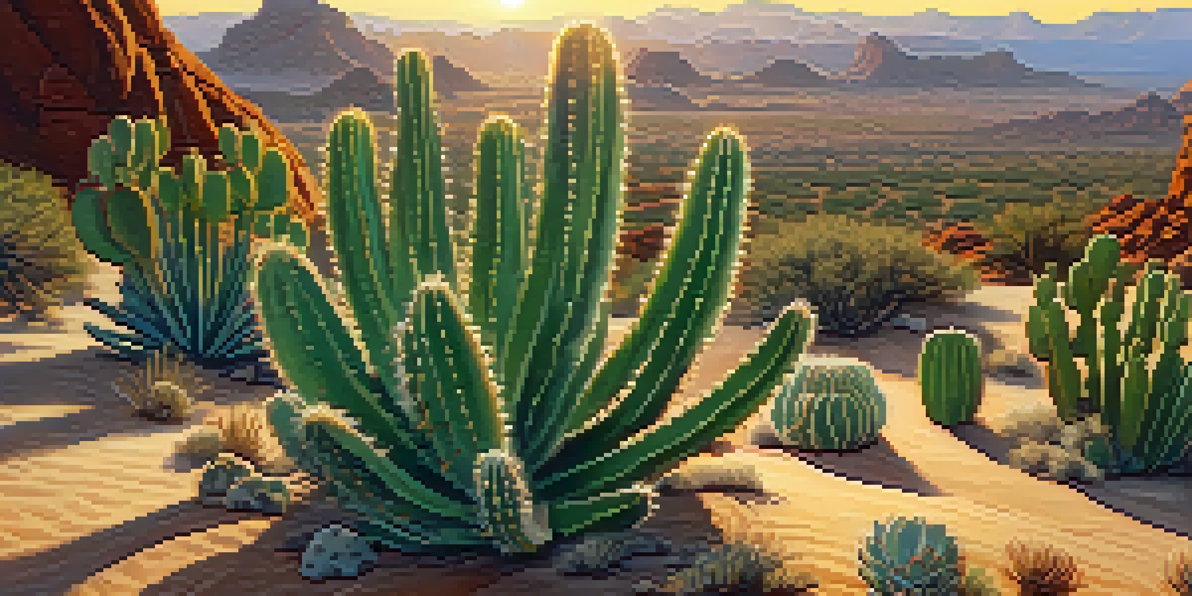 A peaceful desert scene at sunrise with green peyote cacti, golden sunlight, and textured sandy soil.