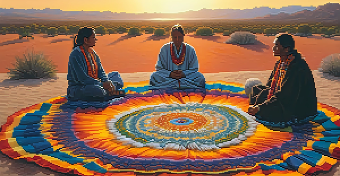 A traditional Indigenous peyote ceremony with participants in a circle, surrounded by blankets and nature, illuminated by sunset light.