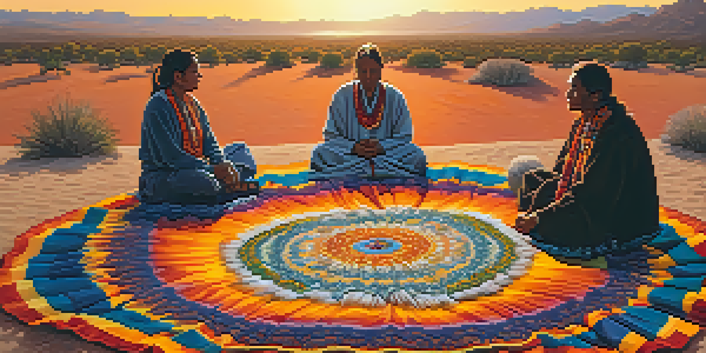 A traditional Indigenous peyote ceremony with participants in a circle, surrounded by blankets and nature, illuminated by sunset light.