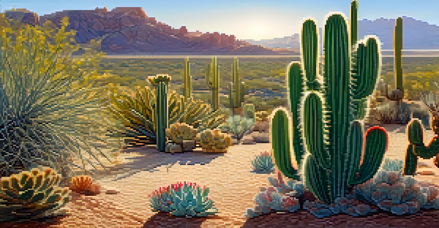 Close-up of a peyote cactus surrounded by desert plants, illuminated by sunlight.