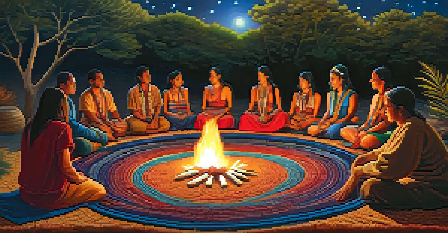 A cozy peyote ceremony scene at night with participants sitting around a fire, surrounded by trees and a starry sky, creating a warm and inviting atmosphere.