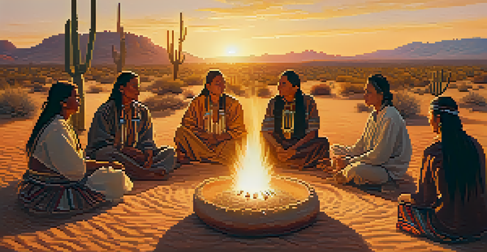A traditional peyote ceremony in a desert during sunset, featuring Indigenous individuals around a fire.