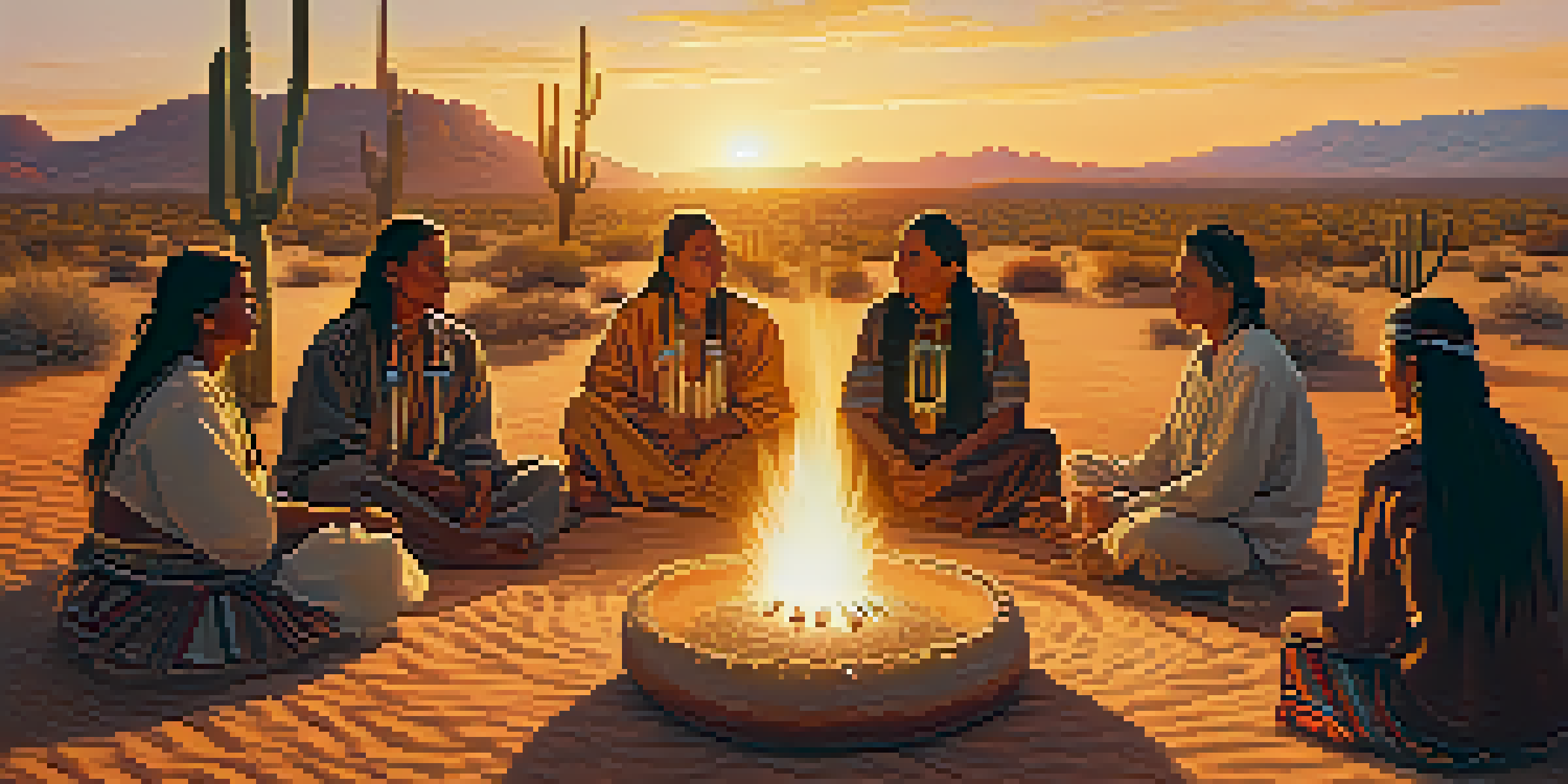 A traditional peyote ceremony in a desert during sunset, featuring Indigenous individuals around a fire.