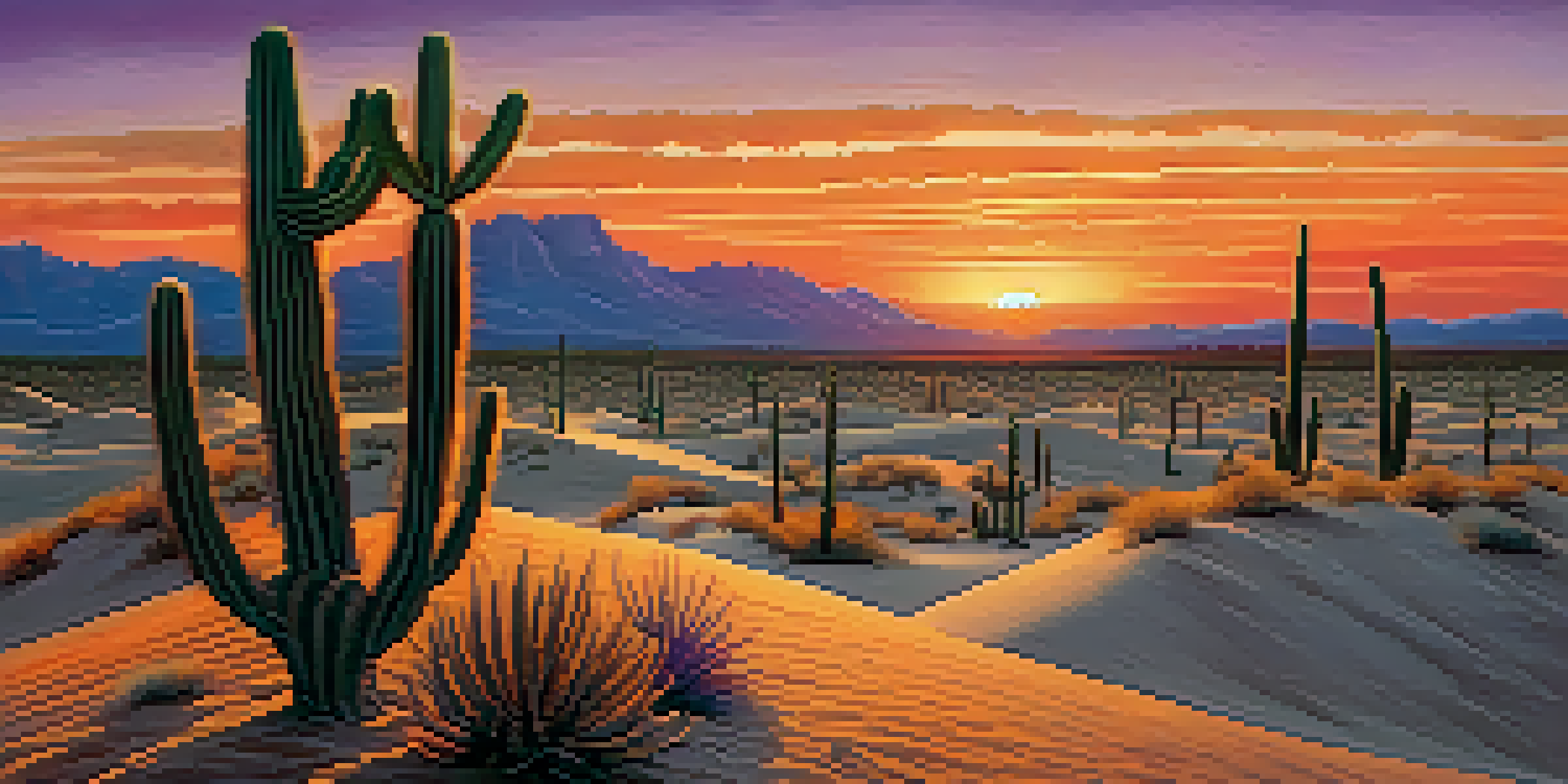 A desert landscape at sunset with a Peyote cactus in the foreground, showcasing vibrant skies and soft sand dunes.