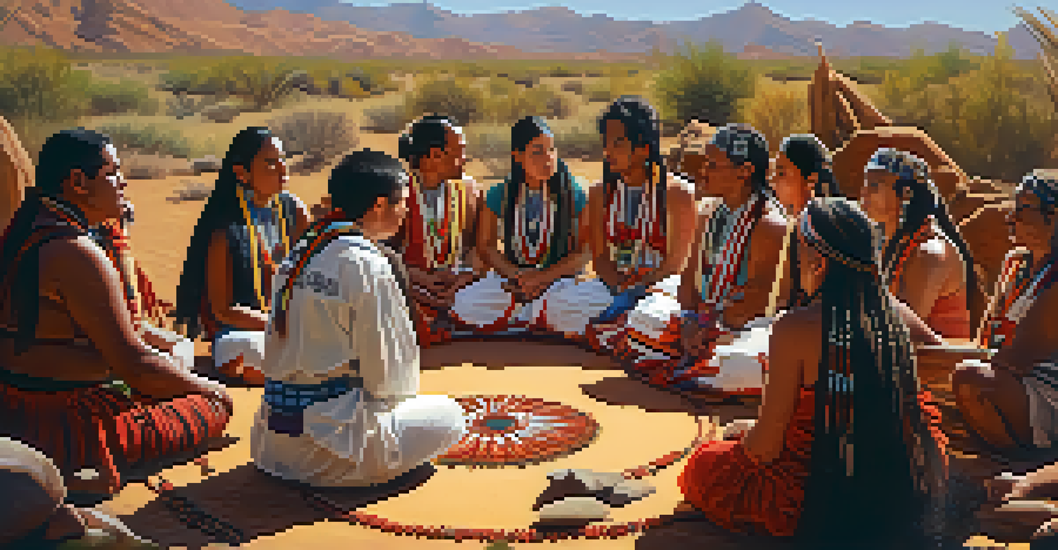 A close-up of individuals in traditional attire sitting in a circle during a peyote ceremony, surrounded by decorations and natural elements.
