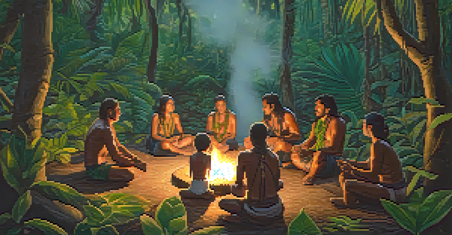 An ayahuasca ceremony in the Amazon jungle with participants seated in a circle around a fire, guided by a shaman.