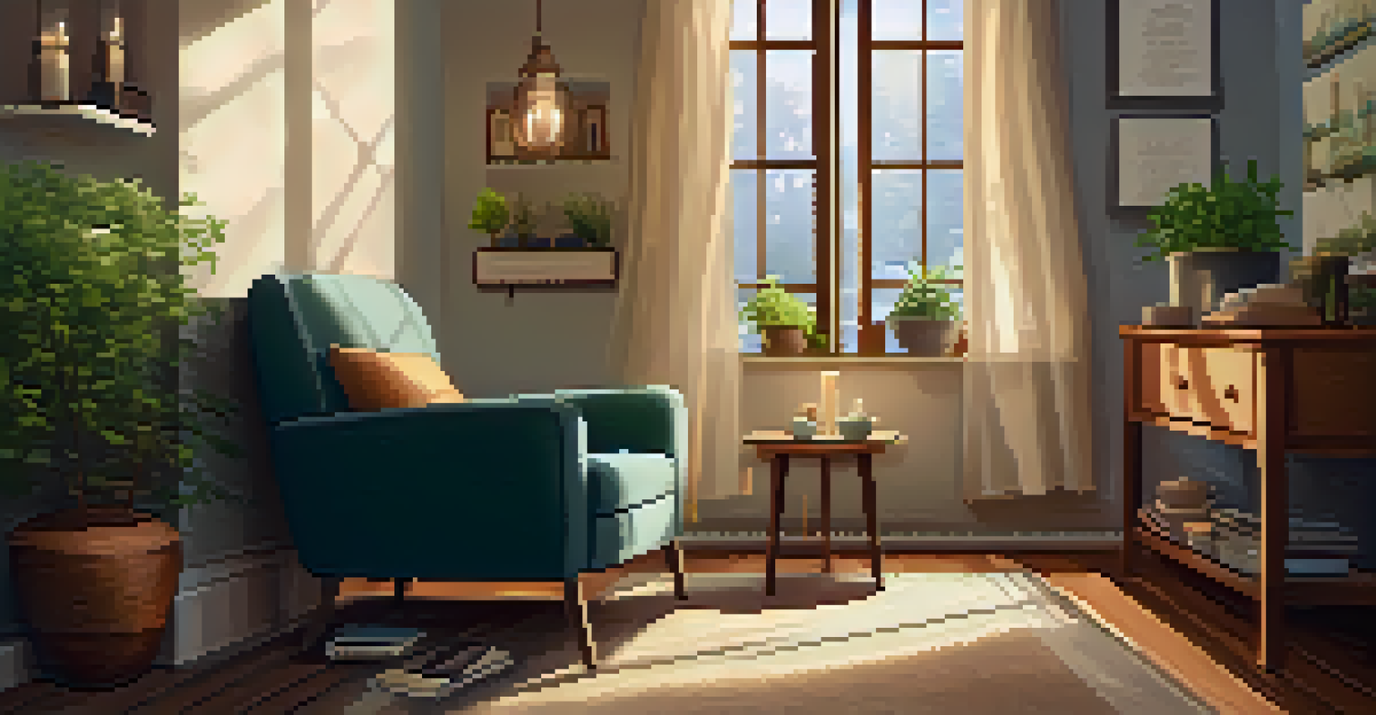 A warm and inviting therapy room with an armchair, soft lighting, and a table with a journal and tea, creating a comforting atmosphere.