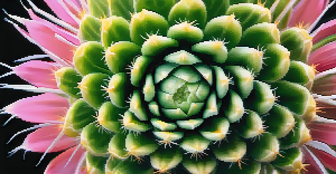 A detailed close-up of a peyote cactus with colorful flowers and textured green surface, illuminated by natural light.
