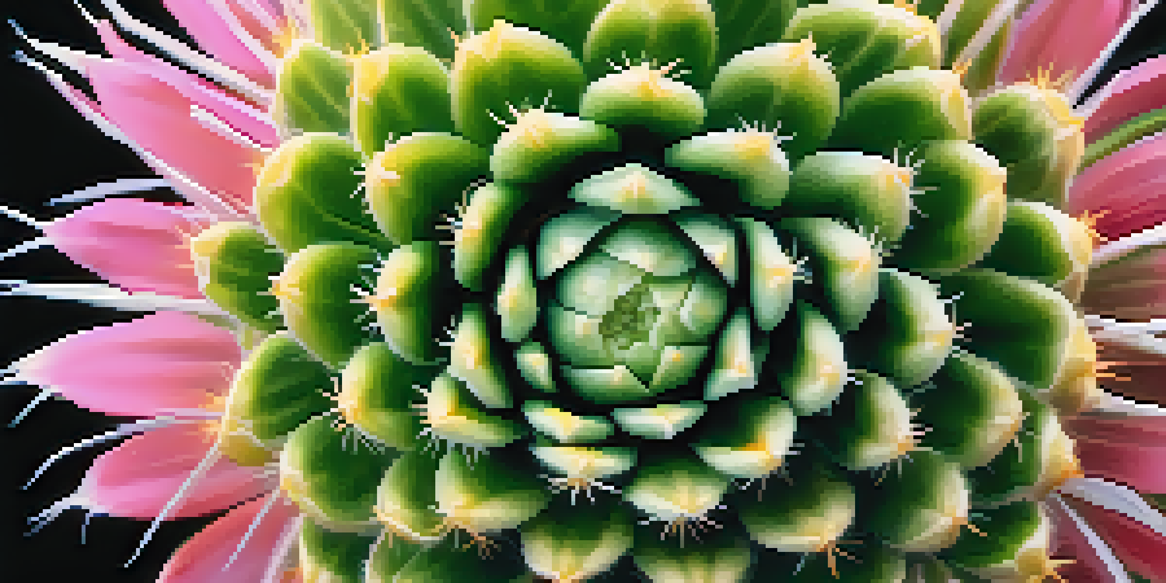 A detailed close-up of a peyote cactus with colorful flowers and textured green surface, illuminated by natural light.