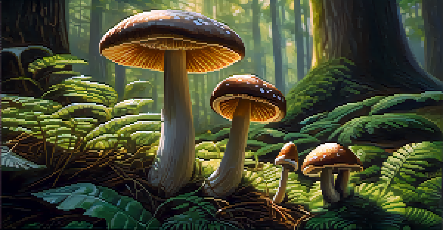 Close-up of psilocybin mushrooms in a vibrant green forest with sunlight filtering through the leaves.