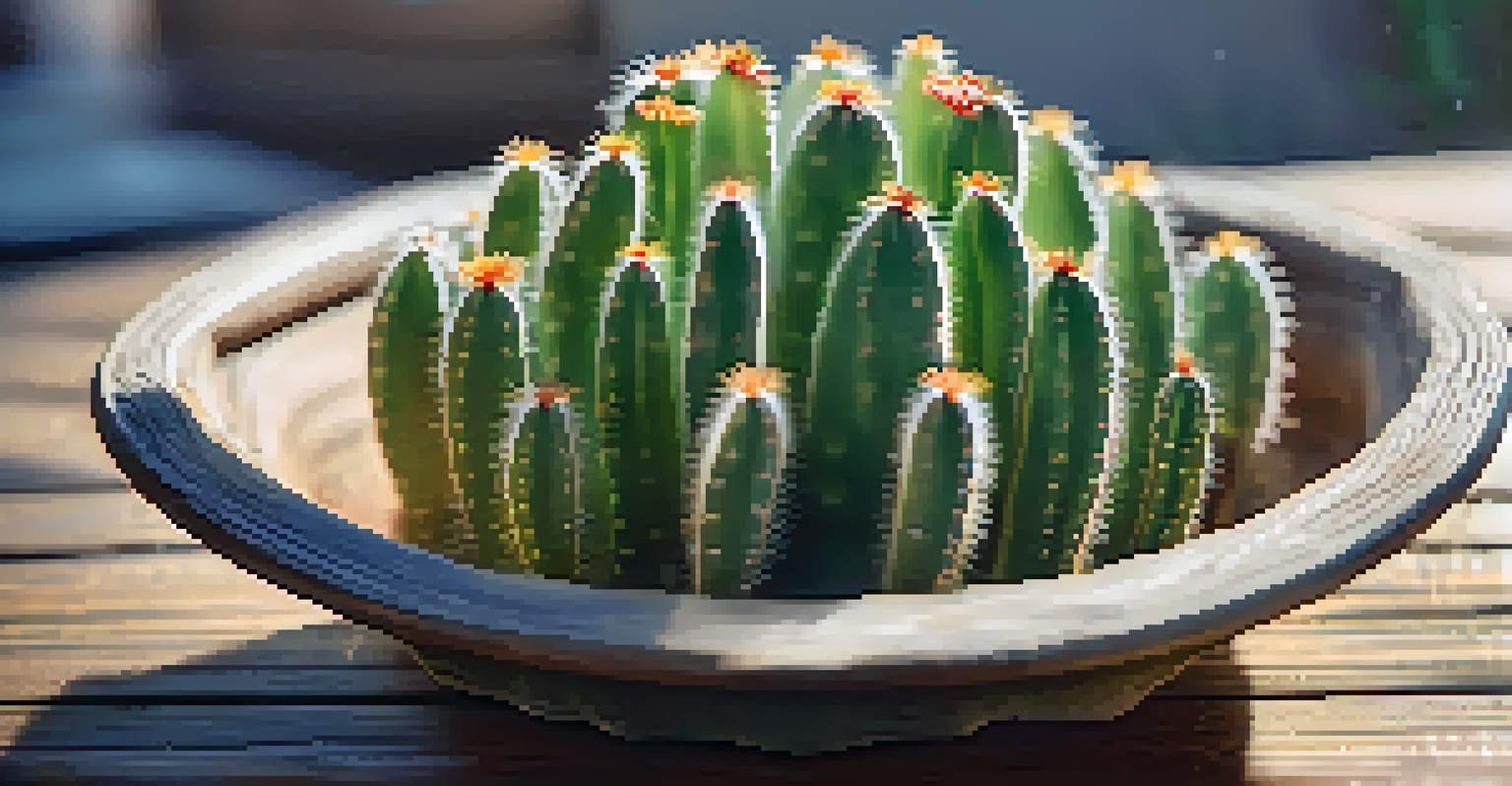 A close-up of a peyote cactus on a wooden table, illuminated by sunlight, with water droplets and cultural artifacts in the background.
