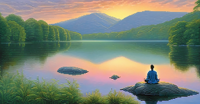 A tranquil lake at sunrise with a person meditating on a rock, surrounded by greenery and mist.