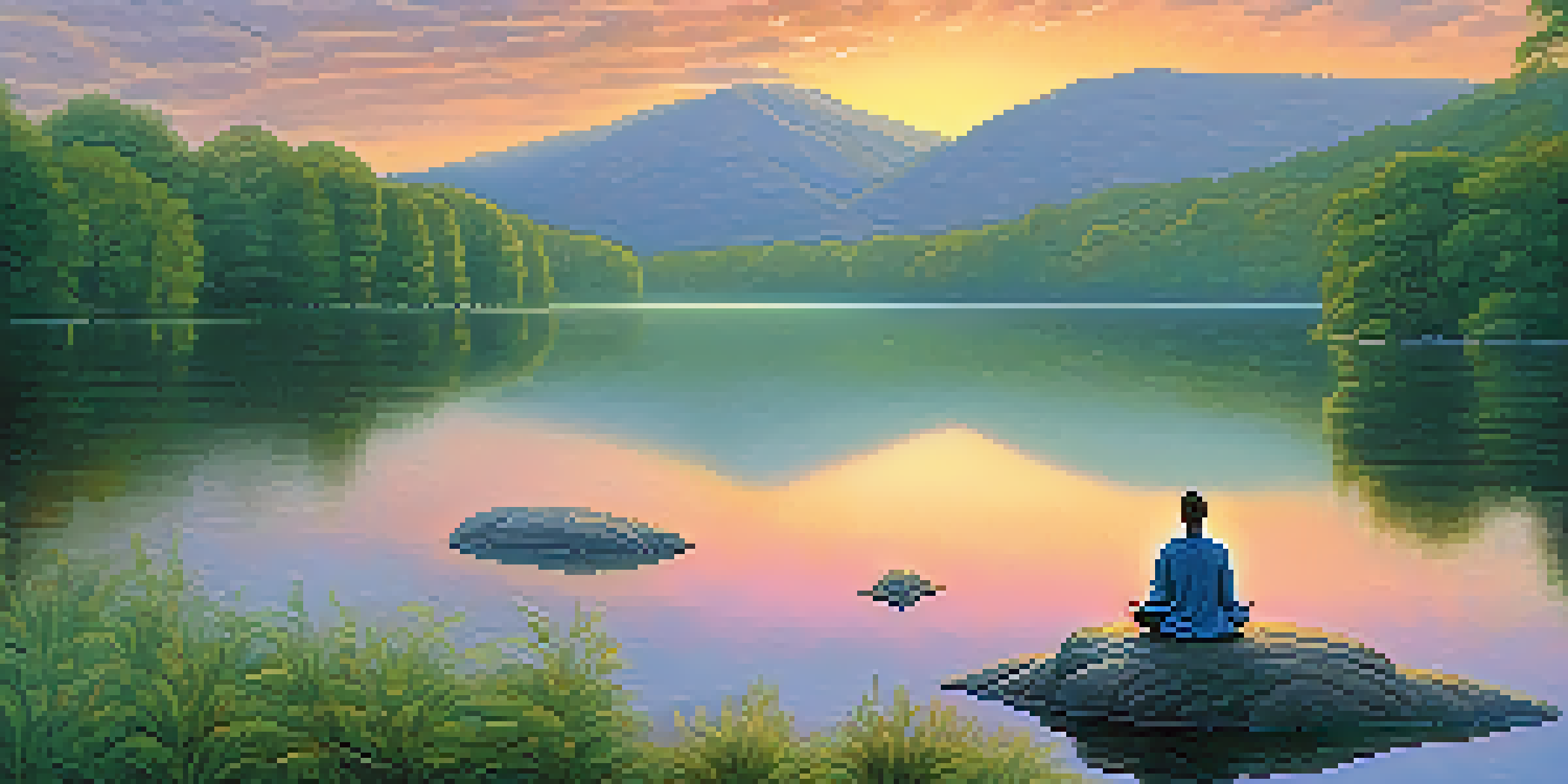 A tranquil lake at sunrise with a person meditating on a rock, surrounded by greenery and mist.