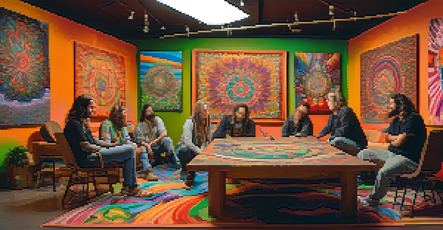 Contemporary artists in a colorful studio creating psychedelic art, surrounded by vibrant canvases and warm lighting.