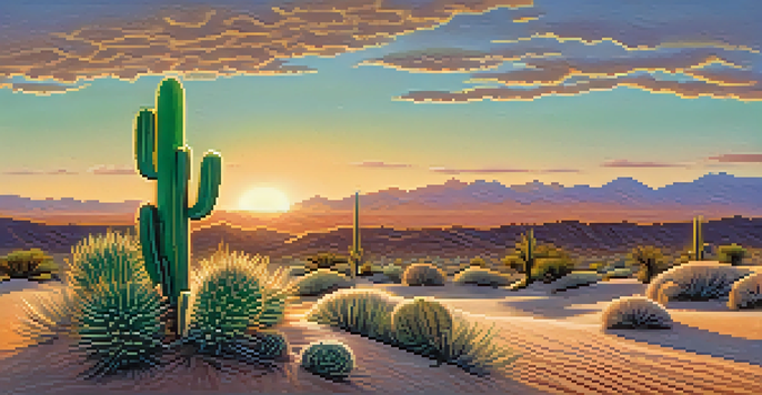A small peyote cactus in a desert landscape during sunrise, with warm colors in the sky and distant mountains.