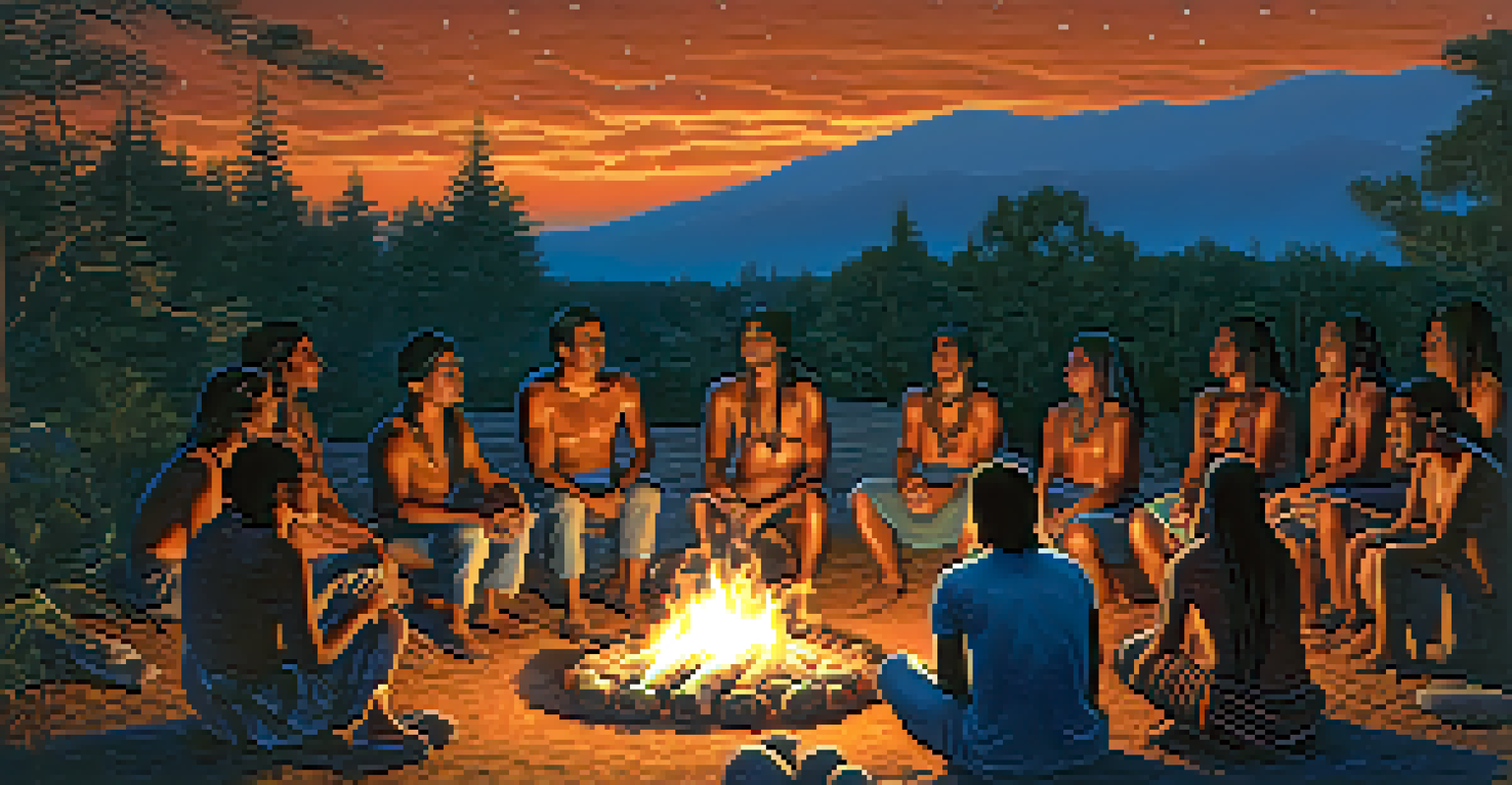 An Indigenous community gathered around a fire at dusk, discussing the significance of peyote, with warm flames illuminating their faces against a starry sky.