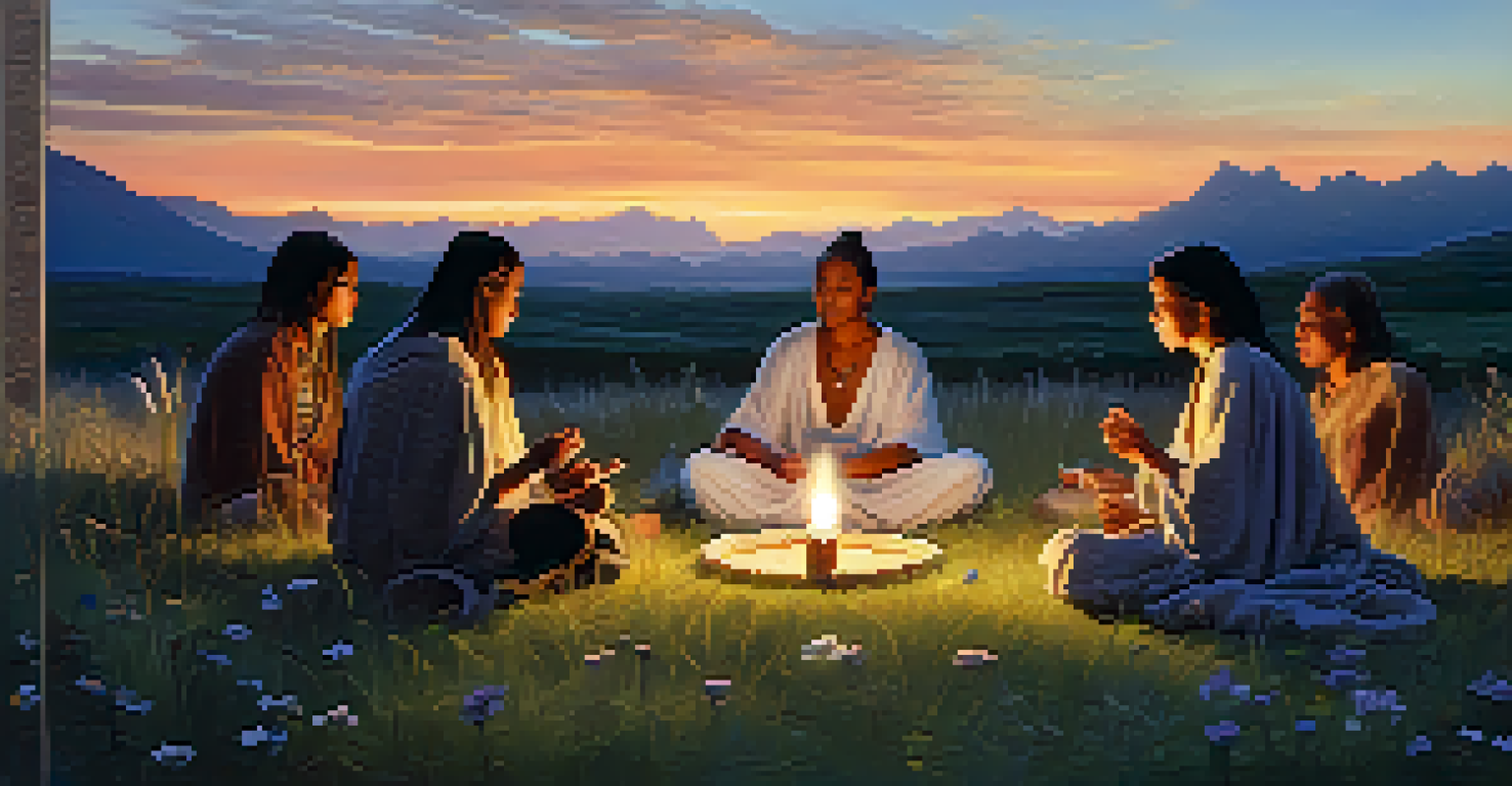 A group of people in a circle partaking in a peyote ritual in a grassy meadow with wildflowers.