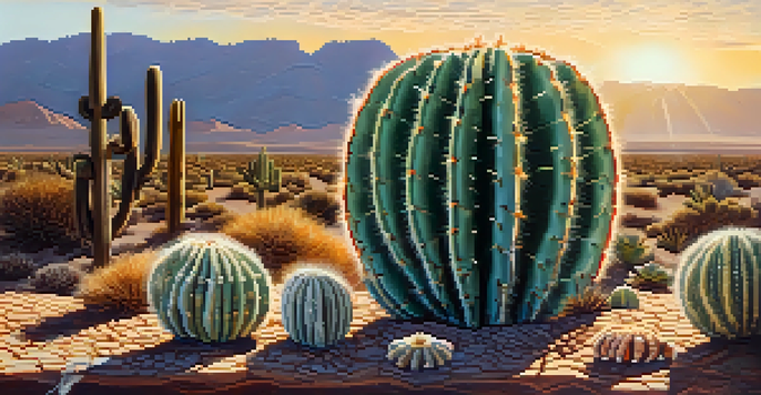 A close-up of a peyote cactus surrounded by a desert landscape, with traditional Indigenous ceremonial artifacts in the background.