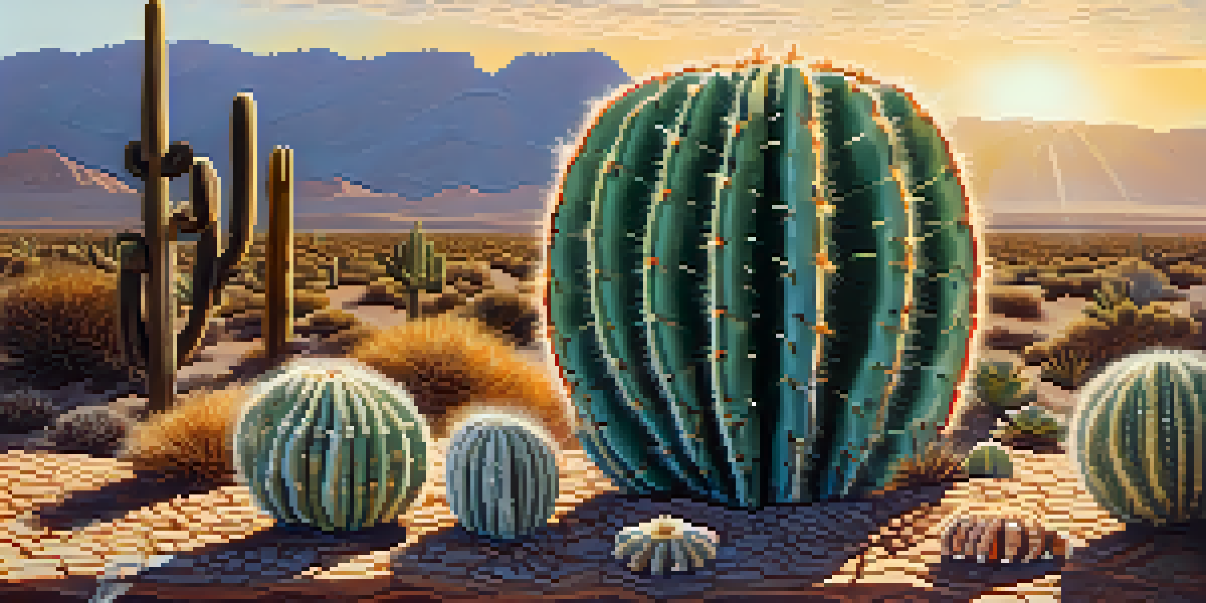 A close-up of a peyote cactus surrounded by a desert landscape, with traditional Indigenous ceremonial artifacts in the background.