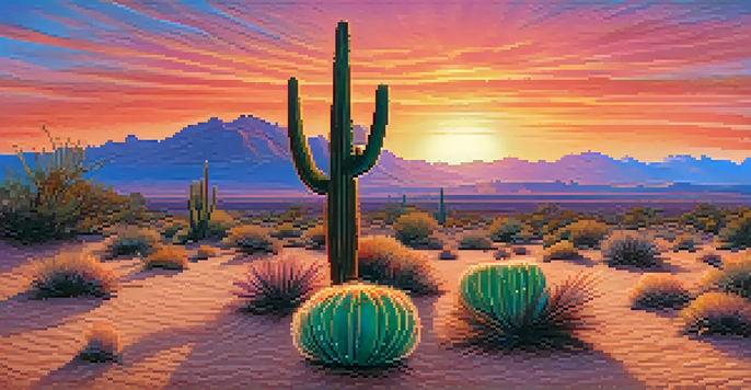 A calm desert scene with a small peyote cactus at the front and a colorful sunset in the background.