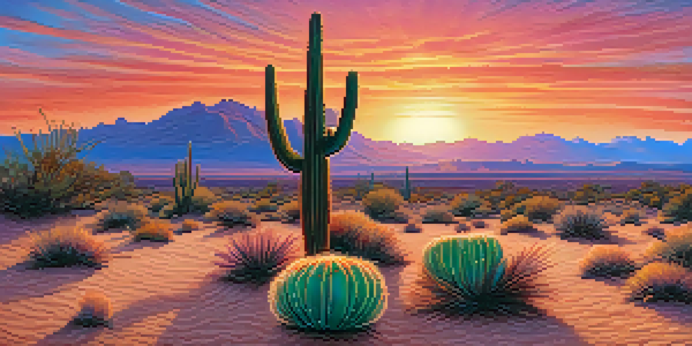 A calm desert scene with a small peyote cactus at the front and a colorful sunset in the background.