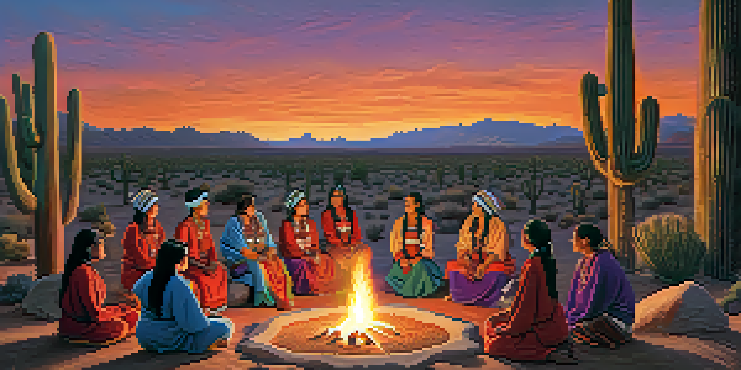 A group of diverse individuals participating in a traditional peyote ceremony around a fire in a desert landscape at sunset.