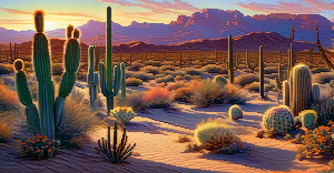 A peaceful desert scene with peyote cacti under a colorful sunset sky.