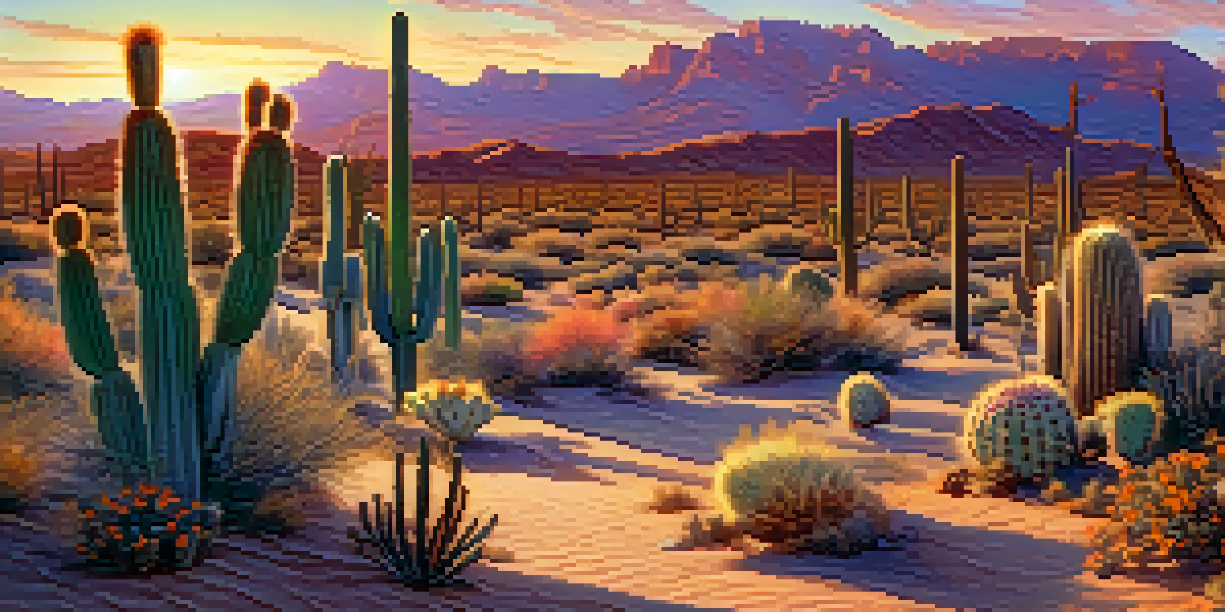 A peaceful desert scene with peyote cacti under a colorful sunset sky.