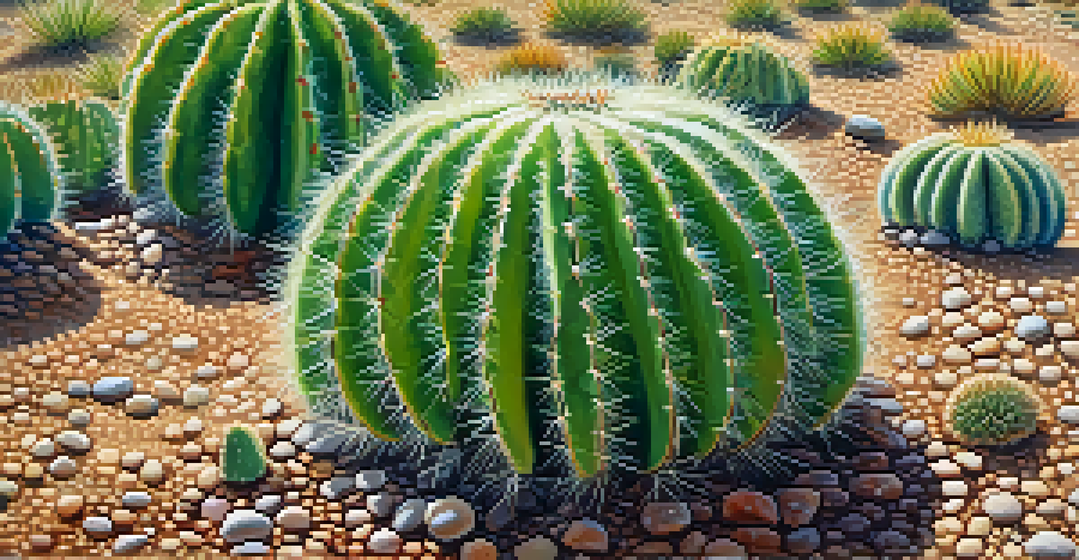 A close-up of a peyote cactus with intricate patterns and textures, surrounded by soil and small stones.