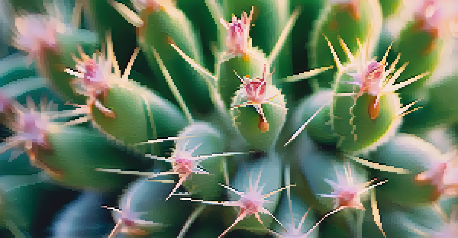 A close-up of a peyote cactus with textured skin and delicate spines, set against a dreamy pastel background.