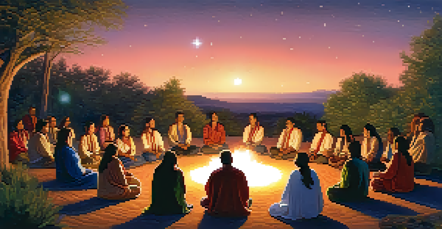 A group of people in a peyote ceremony under a starry sky, illuminated by the glow of a fire, conveying unity and introspection.