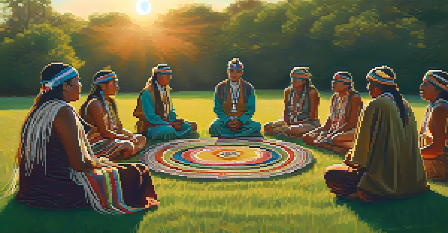 Indigenous individuals in traditional attire gathered in a circle for a peyote ceremony in a meadow.