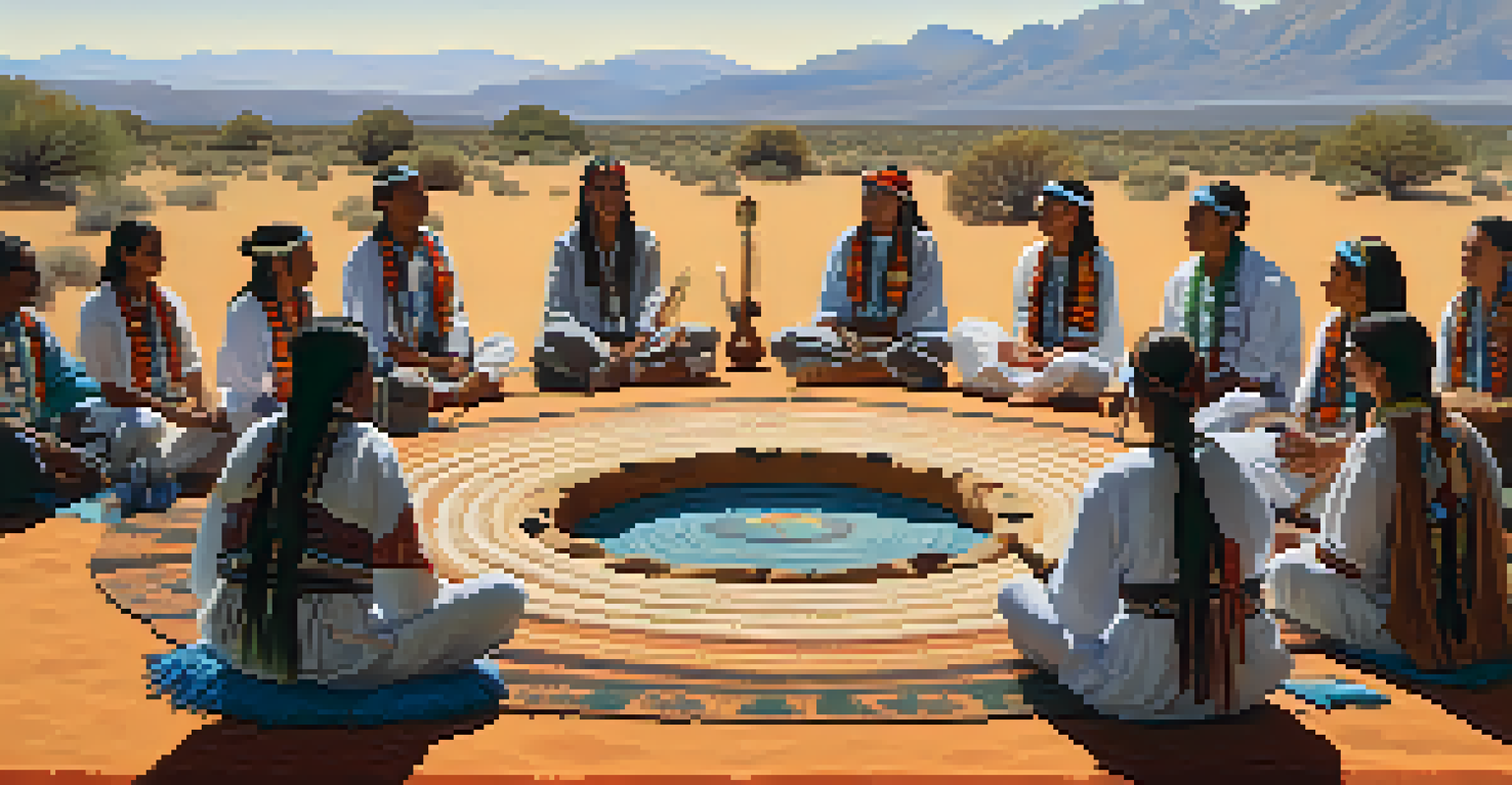 Participants in a peyote ceremony sharing stories in a circle, with ceremonial items in the center and nature around them.