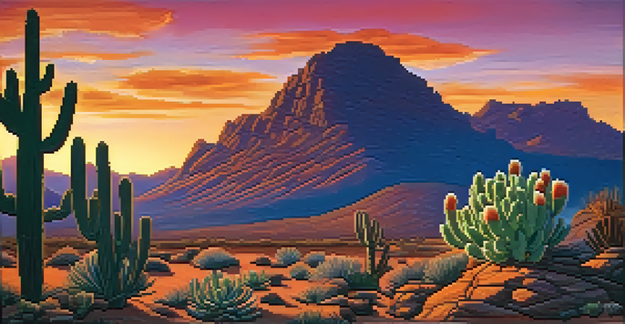 A desert landscape during sunset with a small peyote cactus in the foreground, vibrant colors in the sky, and distant mountains.