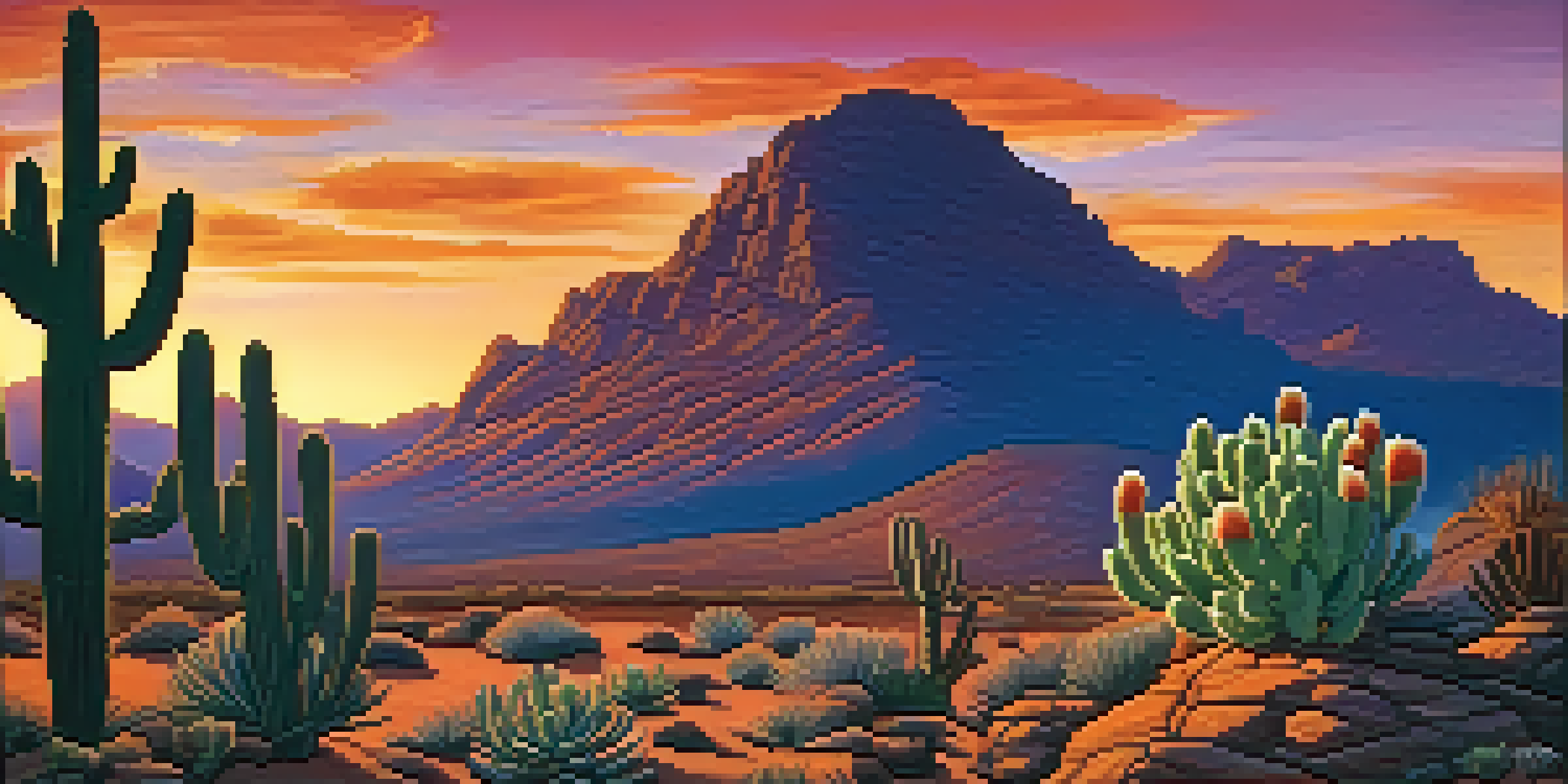 A desert landscape during sunset with a small peyote cactus in the foreground, vibrant colors in the sky, and distant mountains.