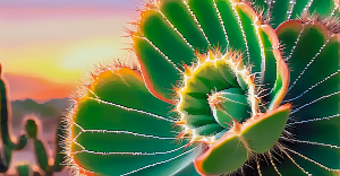 A close-up of a vibrant green peyote cactus with intricate spines, set against a warm sunset background in the desert.